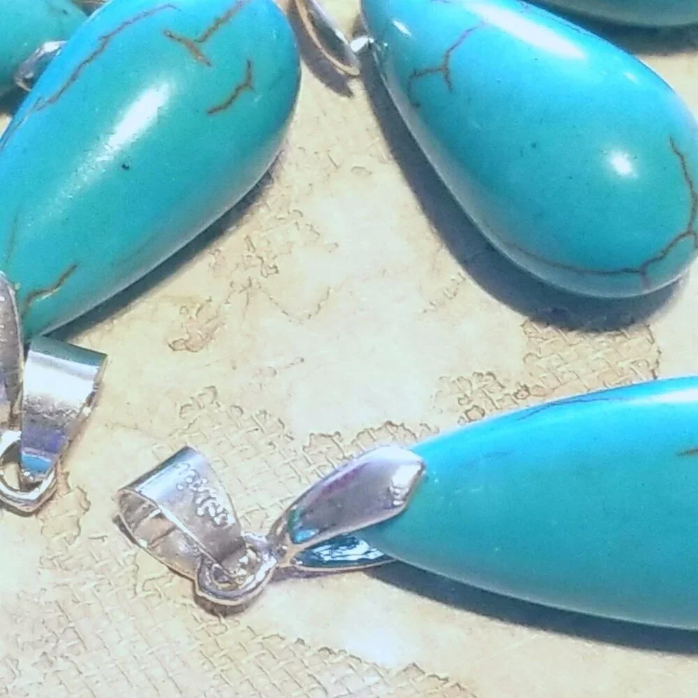 Turquoise Magnesite Teardrop Gemstone Pendant 37x12mm 18K WG Plated Bail 1 pc